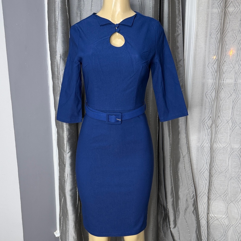 MUCXN Boutique Women’s Classic Blue Sheath Dress with Belt Sz M Stretch